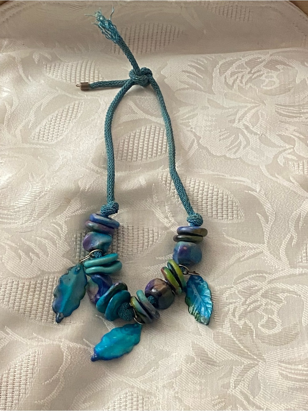 15” Necklace Painted Teal Blue Green Beads & Leaves Rope Chain Clay Boho Beaded